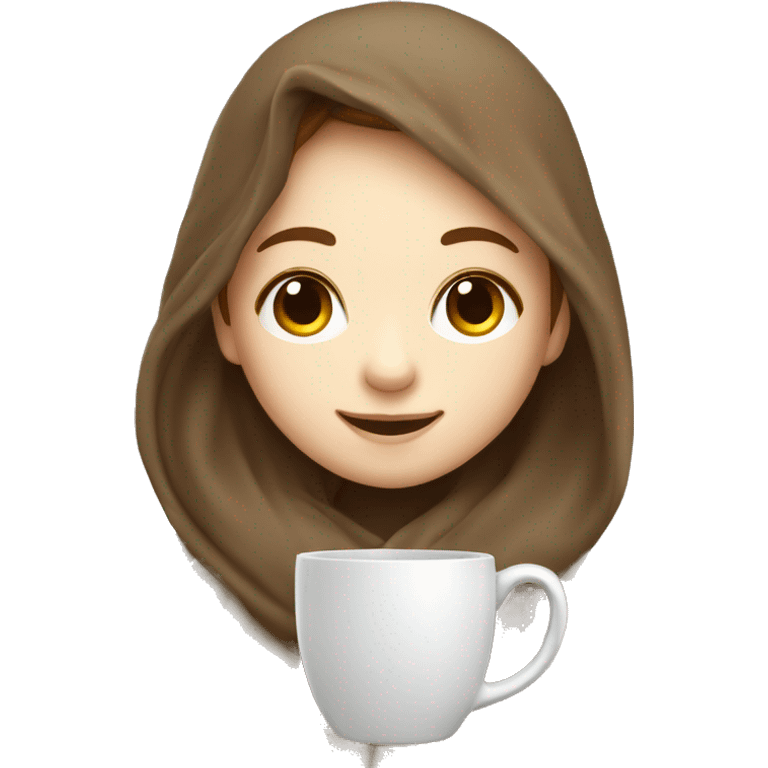 cute smiling girl with pale skin and long brown hair under blanket with a cup emoji