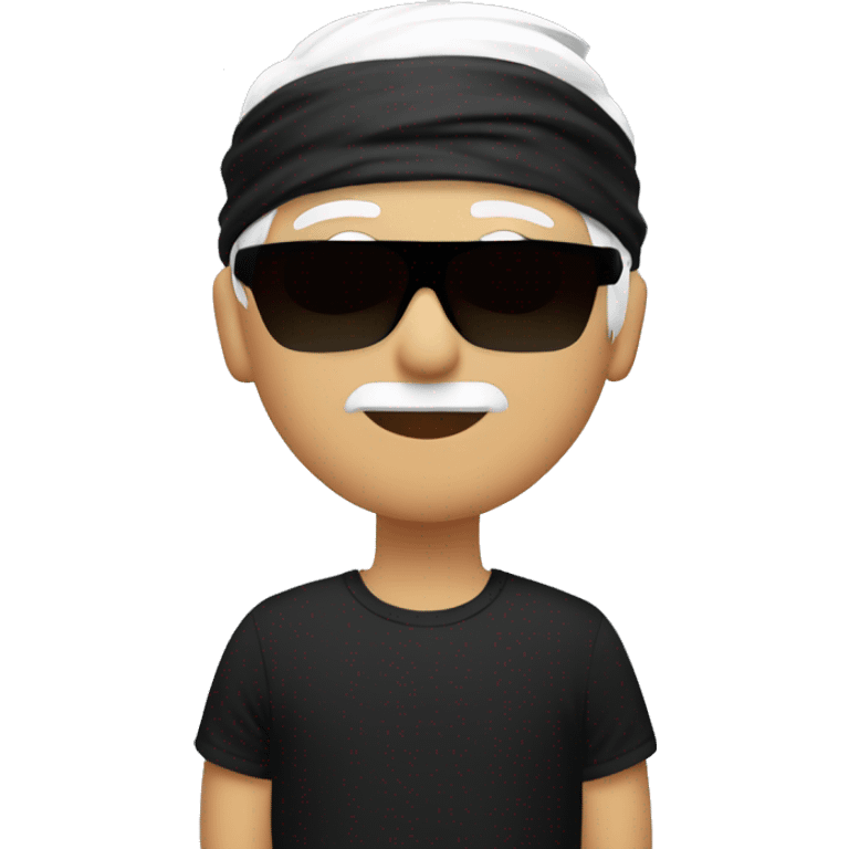 Guy with white hair wearing a black blindfold ￼and black turtle shirt emoji