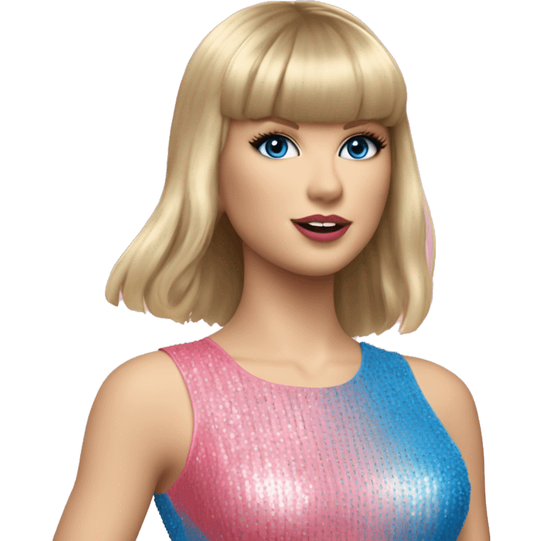 Full body taylor Swift holding microphone and wearing pink and blue body suit with long straight blonde hair and bangs emoji