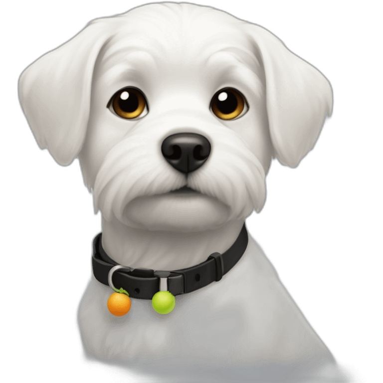 Small white dog short hair like a terries with a tennis ball and a black collar  emoji