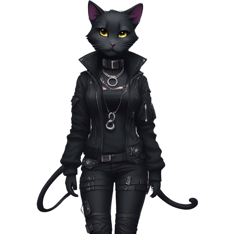 Gorgeous gothic dark techwear cyberpunk anime style sona anthro cat, aesthetic, and pretty edgy black with collar and harness, trending style emoji