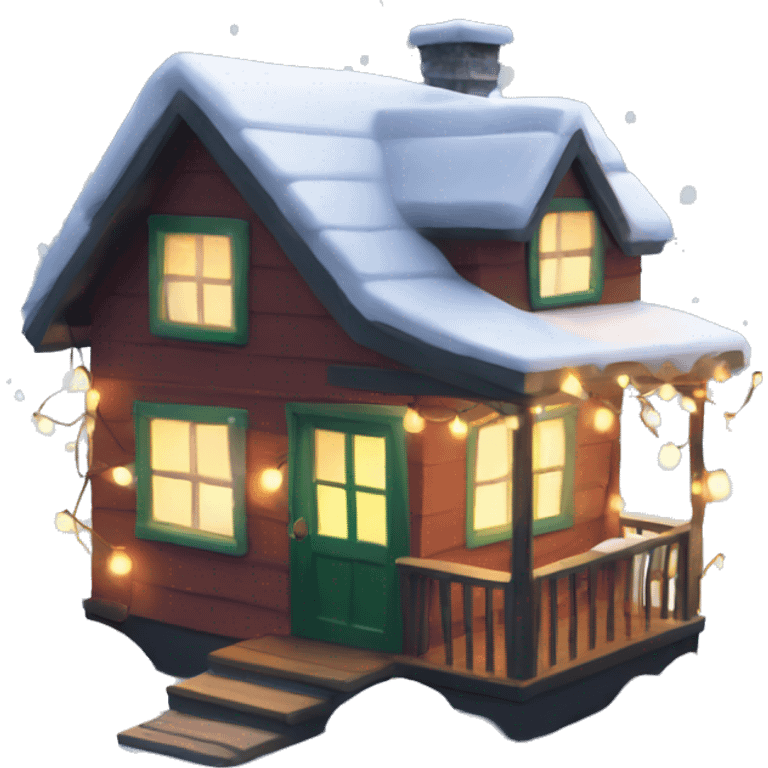 Cozy Tiny House in the Snow with Christmas lights on the roof  emoji