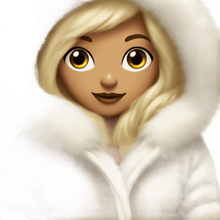 Tanned Girl with lashes , blonde hair, in an extremely big fluffy oversized white fur coat with hood on. The fur is real and it’s very obvious big and fluffy like in Pinterest  emoji