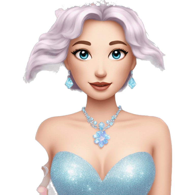 Gorgeous pastel Lady with blue eyes in a sparkly shiny dress with tiara and necklace and flowers aesthetical and trending  emoji