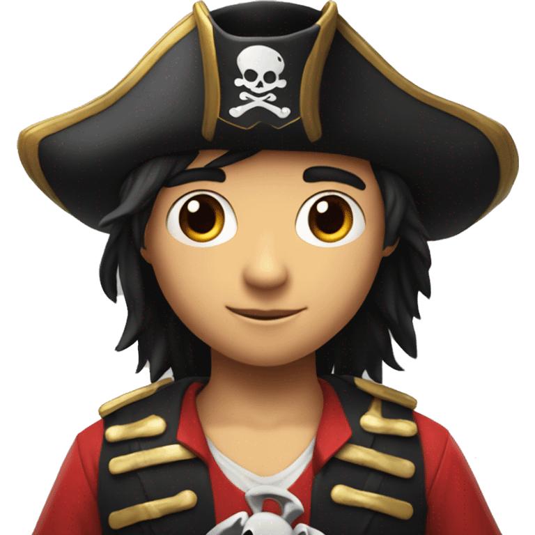 A boy, 12 years old, black hair, shiny eyes, a red pirate costume, a pirate hat with an image of crossbones and a skull, stands reading a red book emoji