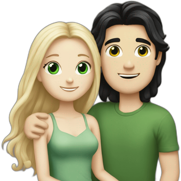 A white girl with long black hair and green eyes hug a tall white boy with blond hair   emoji