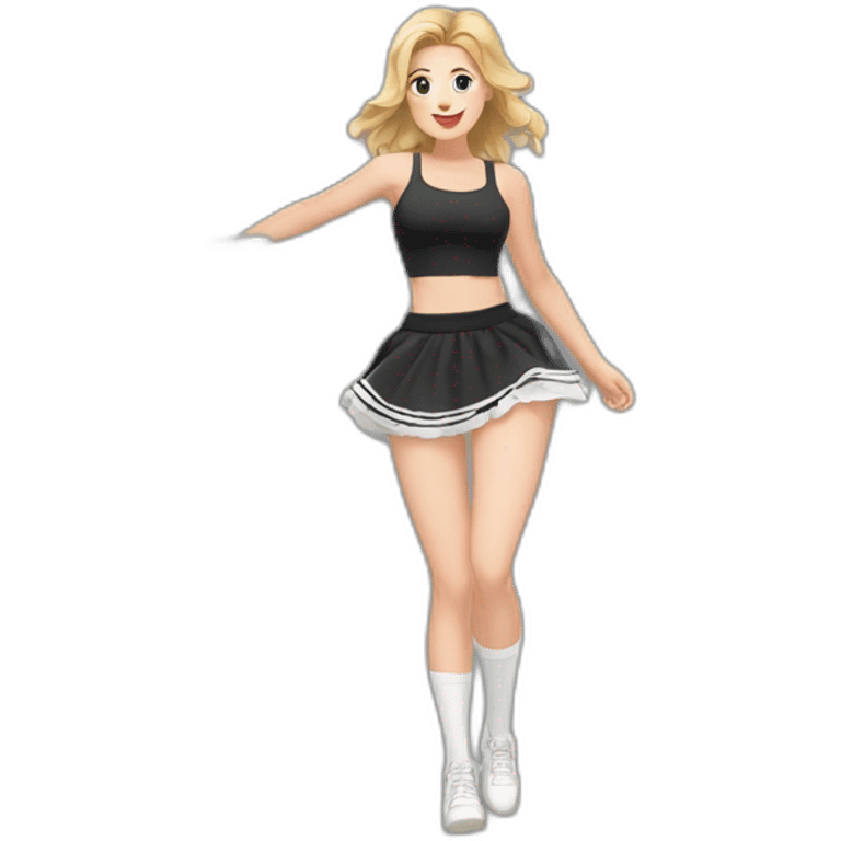 full-body-caucasian-curvy-beauty-jumping-short-black-skirt-back-and-front-views-strong-wind-white-knickers-long-white-socks emoji