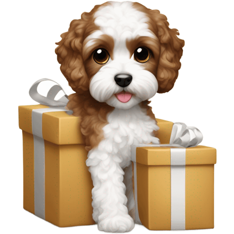 Brown and white cavapoo and gift box emoji