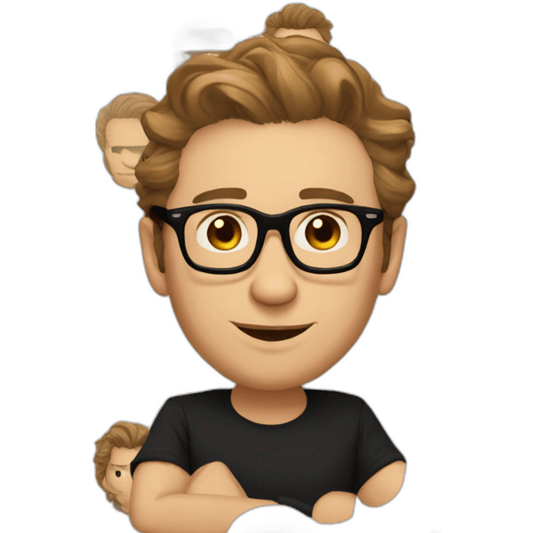 Light Brown guy, hair nose and lips like Tom Hiddleston, no facial hair, transparent round glasses, black t shirt emoji