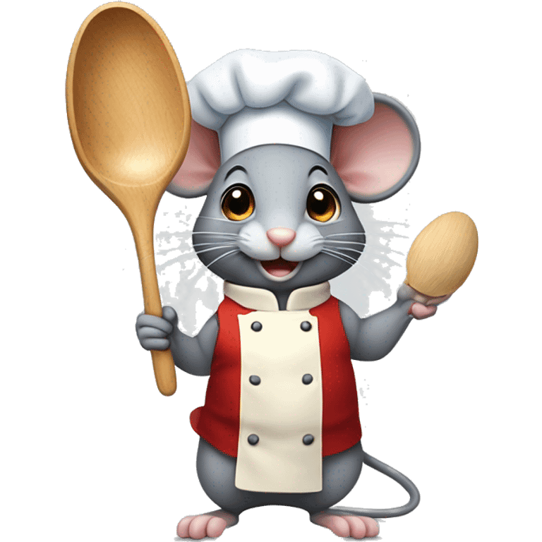 cute grey mouse wearing a chef’s hat holding a wooden spoon on one arm and a plate of food on the other  emoji