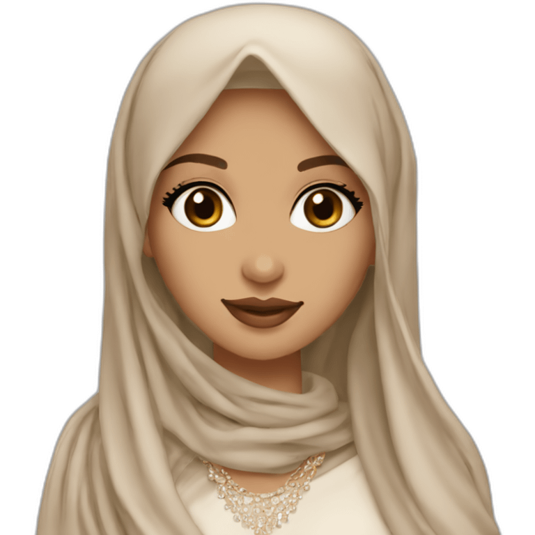 beautiful brunette arabian girl with smooth skin long hair beige lipstick wearing hijab and low neck dress with a diamond necklace emoji