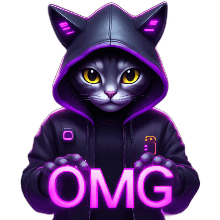 cat wearing a black hoodie with "OMG" letters on it and VR headset in a cyberpunk VR environment with violet neon lighting. emoji