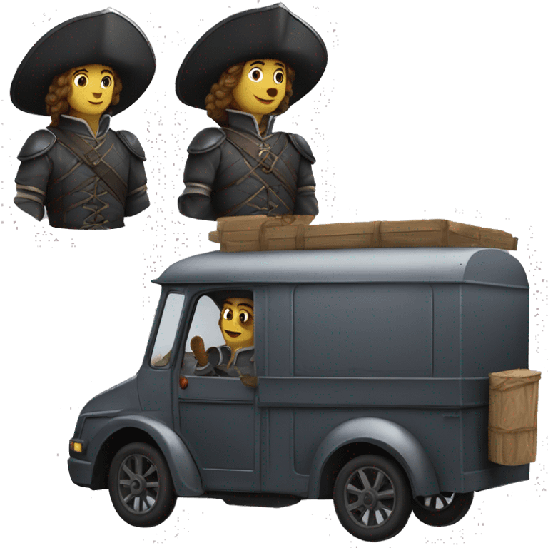 17th century musketeers driving mail truck, 1 male & 2 females emoji