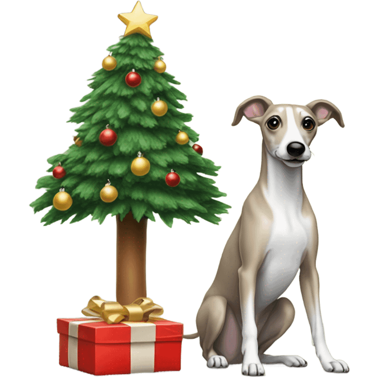 Christmas tree with a whippet sat by it emoji