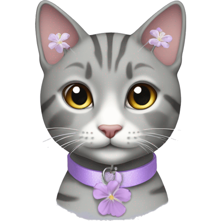 Beautiful girl grey tabby cat with lilac collar with white flower pendant emoji