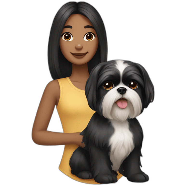 black hair girl with a small shih tzu dog emoji