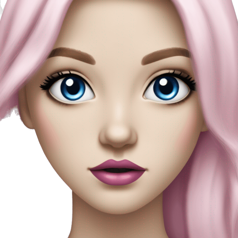 Hyperrealistic pale white girl with blue eyes and long black hair with pink fringe. Wearing gold chain necklace, white diamond stud earrings and has dark eye makeup on her eyes emoji