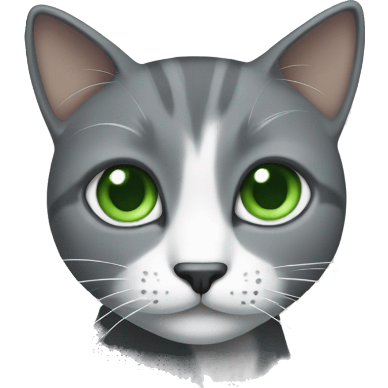 a grey cat with a white spot on its nose and white tips of its legs with green eyes emoji