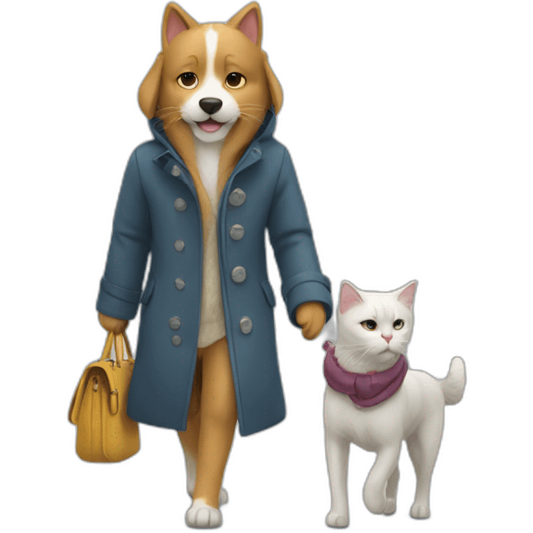 cat In a coat and dog in a coat walking together In park emoji