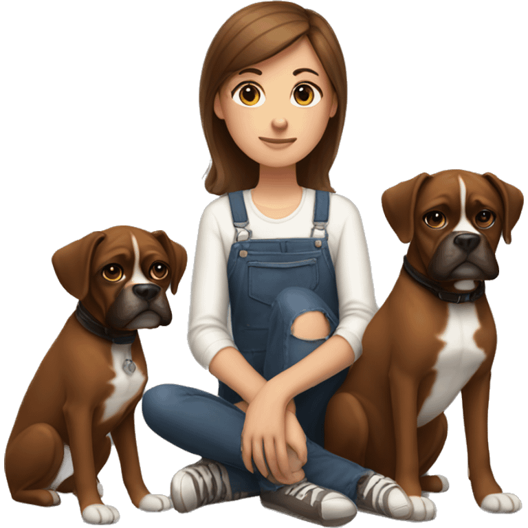 a girl with brown hair, sitting with two dark brown, boxer dogs emoji