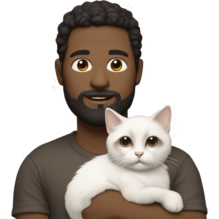 White men with mix of dark brown hair and beard holding white ragdoll cat emoji