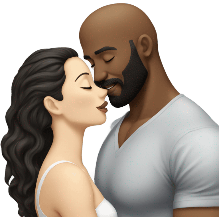 White brunette kissing muscular black bald man with beard emoji