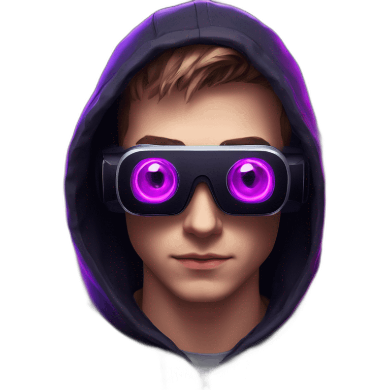 Russian young man wearing a black hoodie with "OMG" letters on it and VR headset in a cyberpunk VR environment with violet neon lighting. emoji