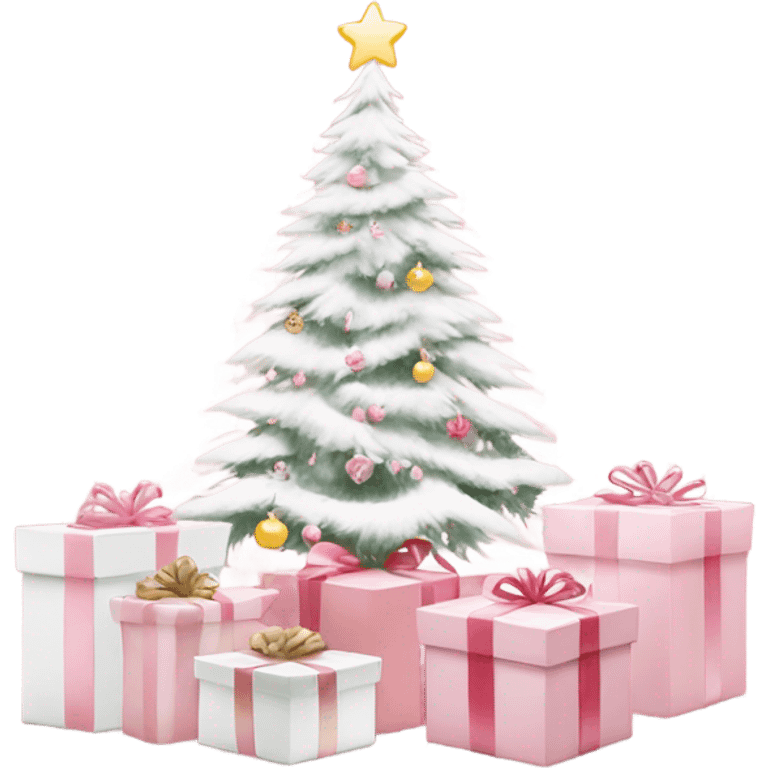 Light pink Christmas gifts under a white Christmas tree  emoji