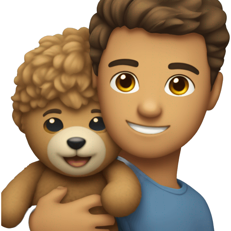 a teddy bear and a young man holding han emoji