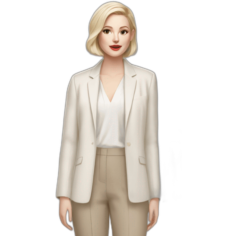 pale skin woman with ash blonde Straightened bob Hair, White Spacious classical jacket, beige palazzo Arrow pants and gray blouse holding a color palette in the hands emoji