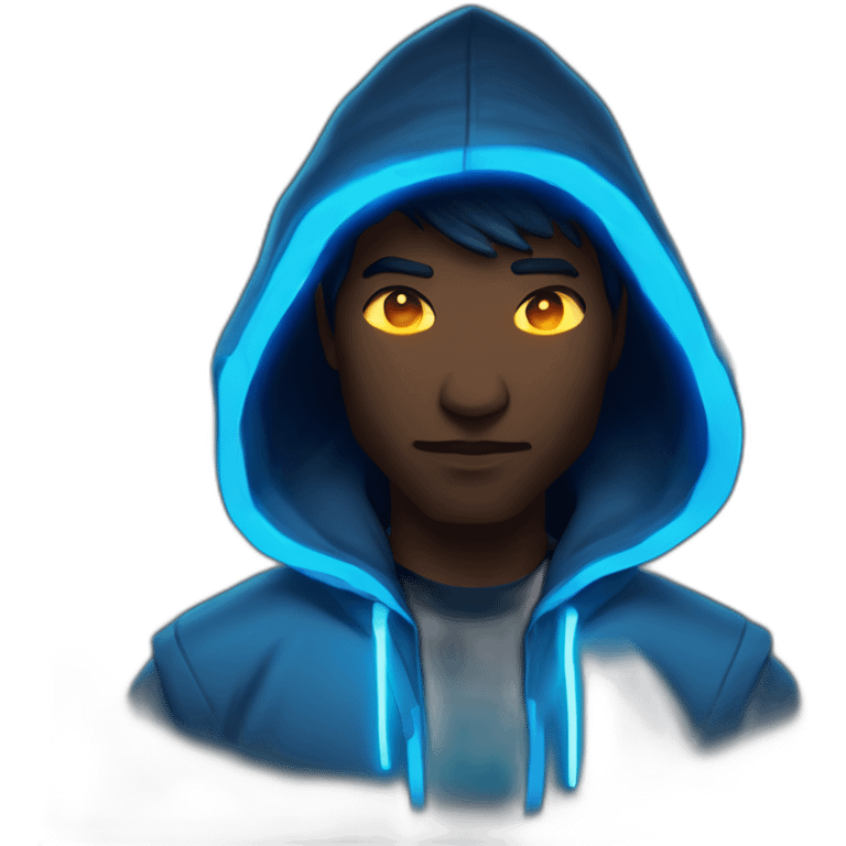 developer behind his laptop with this style : Riot Games Valorant dark blue glowing bright neon blue sparks black hooded assassin themed character emoji