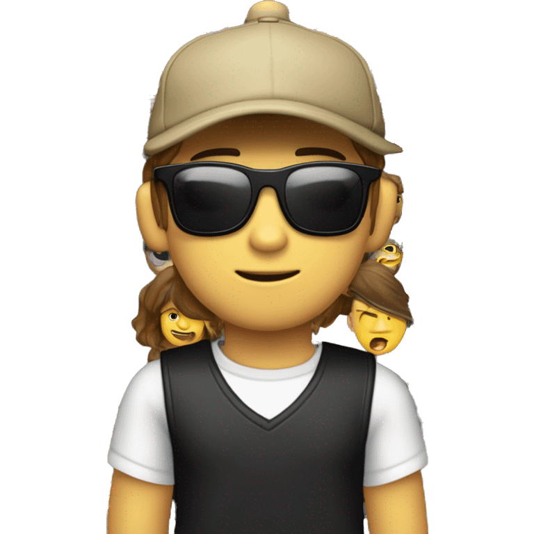 Ein Weißer aber südländischer Junge ohne Bart und einer Cap mit schwarzen Haaren und einem Lächeln, der eine Sonnenbrille an hat, ein schwarzes tshirt. Keine Extras genau wie ich beschrieben hab bitte  emoji