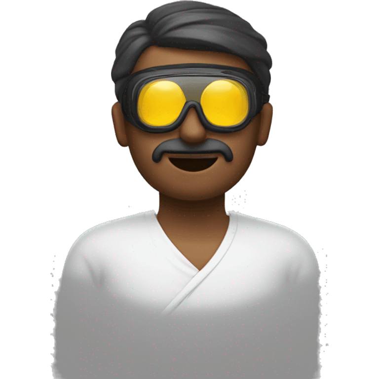 A man wearing Goggles doing namaste  emoji