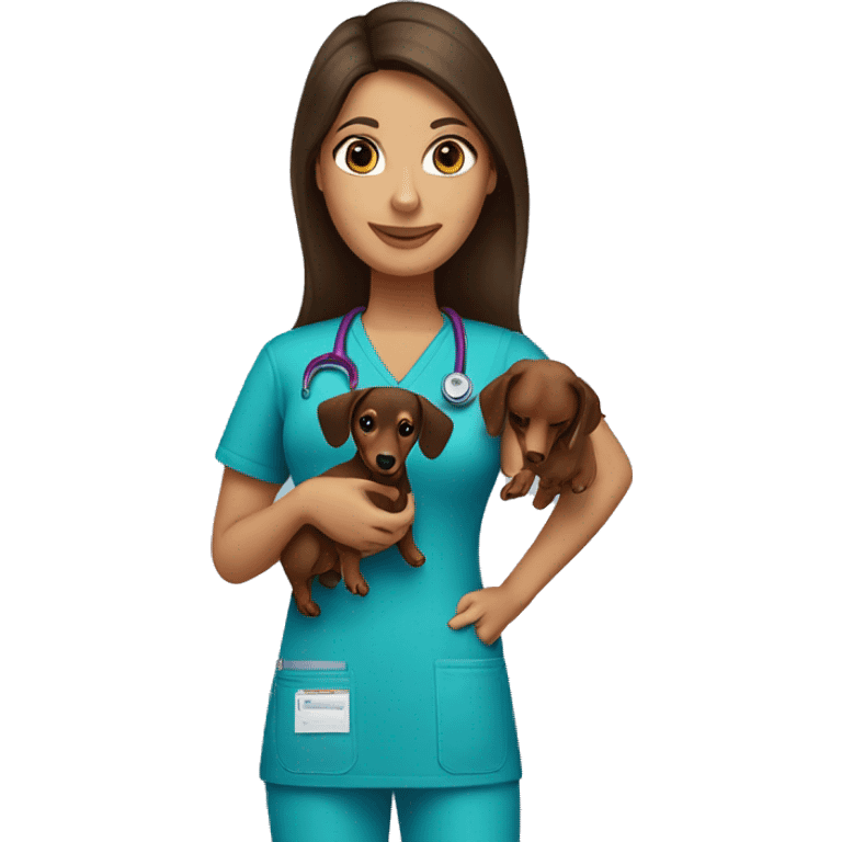 Brunette woman wearing scrubs holding a dachshund emoji