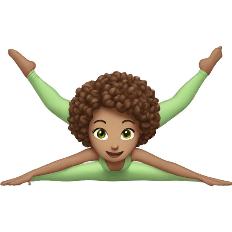 woman with brown curly bob hair and green eyes doing the splits emoji