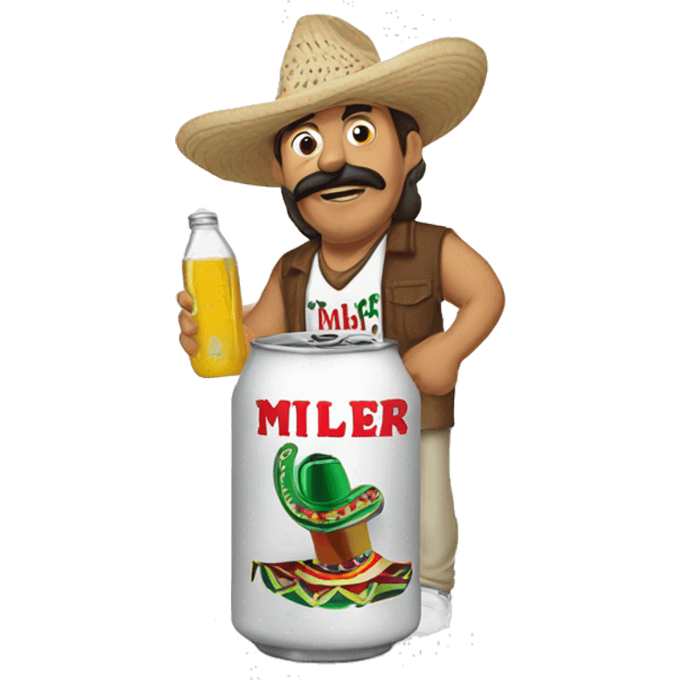 Mexican drinking from a white can that says miller on it  emoji