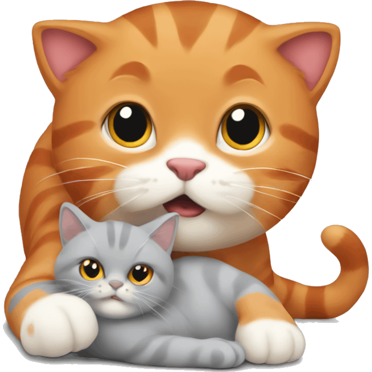 A big red cat playing with a small white-red-gray cat emoji