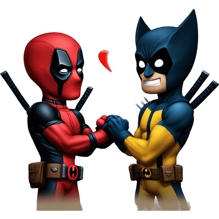 Deadpool and wolverine making a heart hands emoji