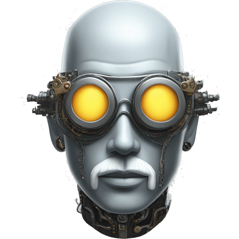 Bald cyborg head with silver steampunk goggles, white beard and circuits emoji