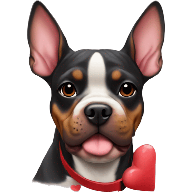 Doberman-colored French bulldog with hearts around him emoji