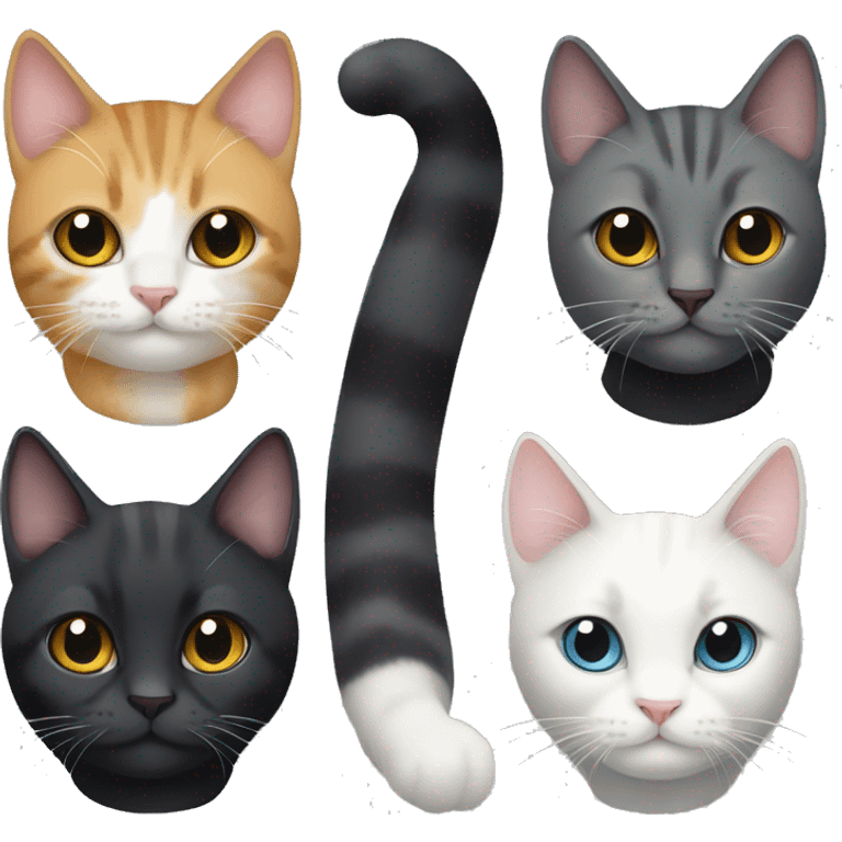 Four cats: two all black cats, a tabby cat, and a white and grey cat emoji