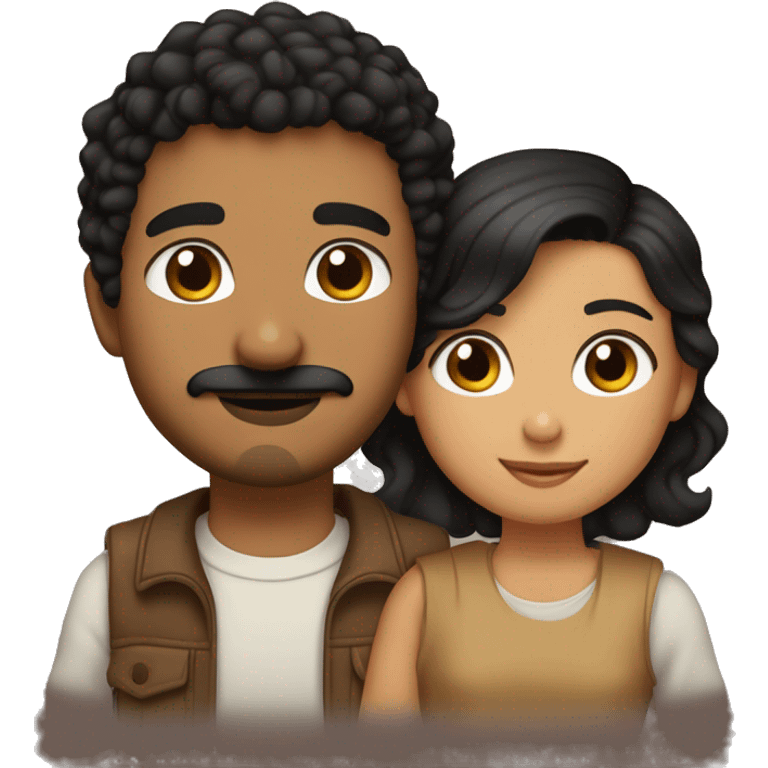 Girl with black hair, hazel eyes and tan skin hugging a boy with tan skin, brown curly hair, brown eyes and a mustache and goatee emoji