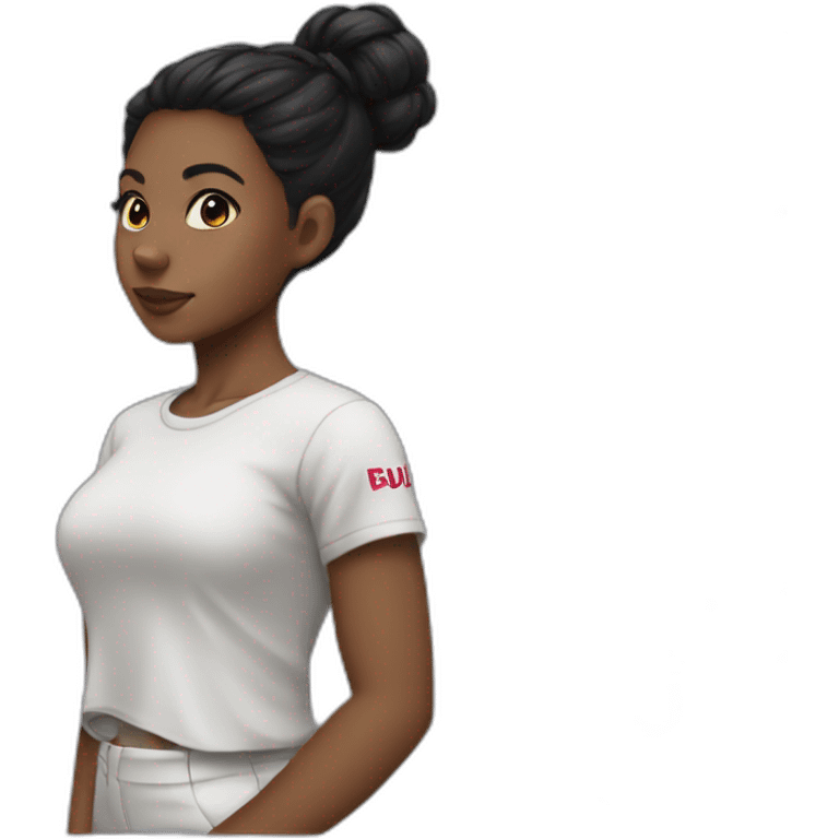 A black girl, black hair in a bun drink Red Bull emoji