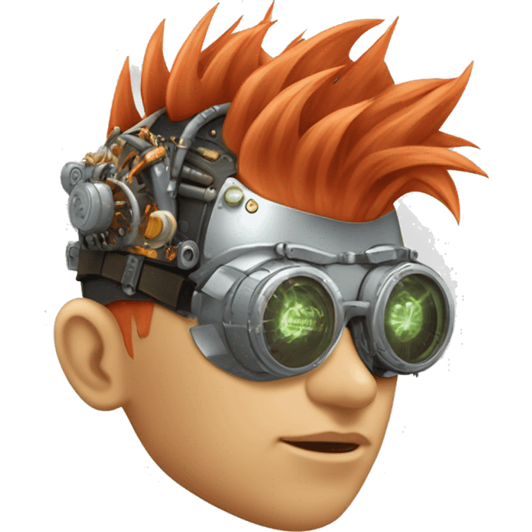 Light red Mohawk hair male cyborg head with white steampunk goggles and circuits emoji