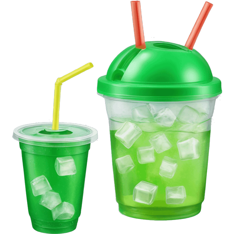 Realistic plastic cup and lid with Transluscent green soda and large ice cubes inside and one straw through the top of the lid. emoji