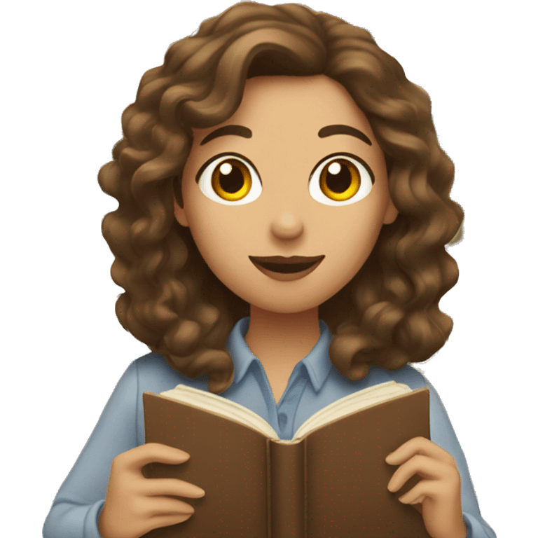 A woman with long wavy brown hair and books emoji