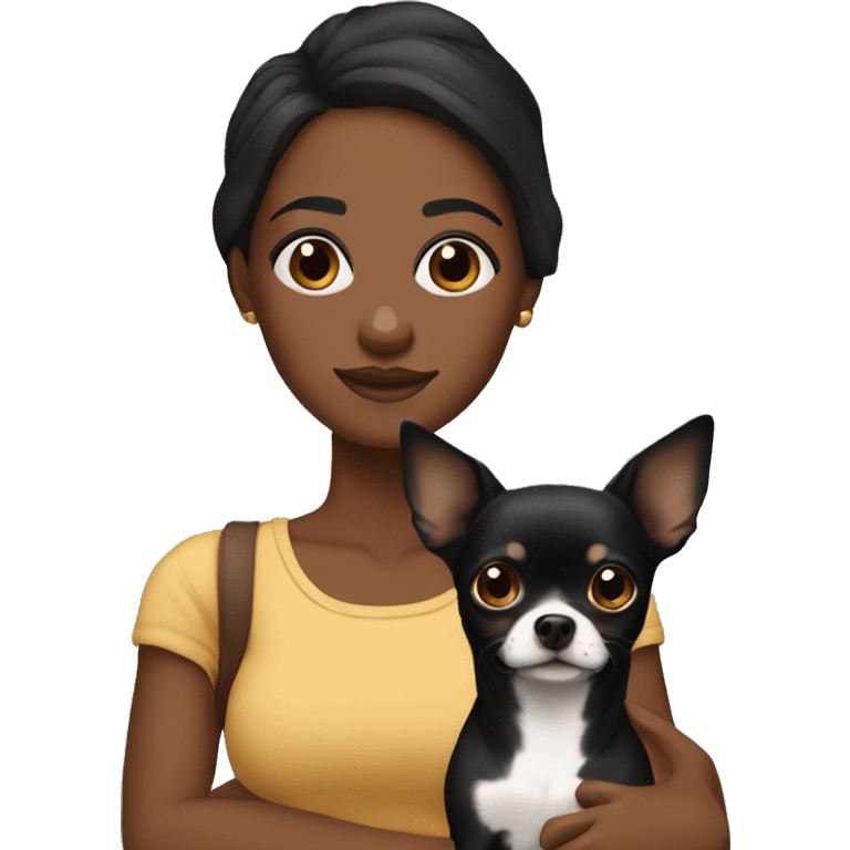 An African American with dark skin and straightened black hair holding a black and brown chihuahua  emoji