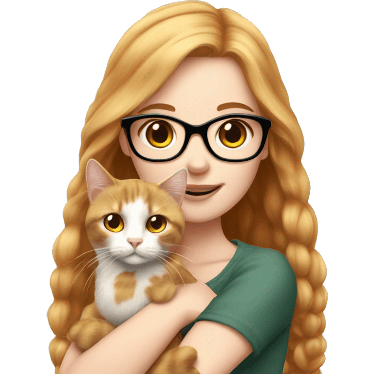 White skin strawberry-blonde haired girl with glasses holding long-haired calico cat emoji