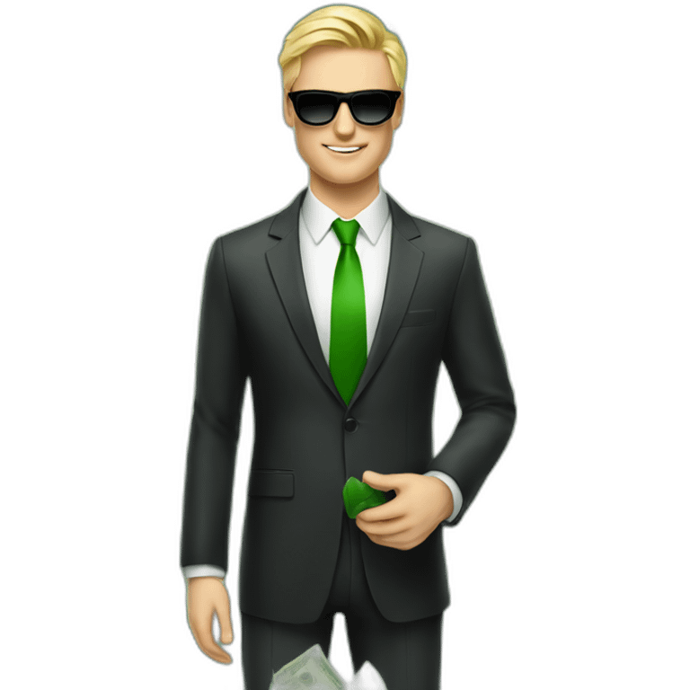 white handsome man with lot of green cash in hands wearing elegance suit and black shades emoji