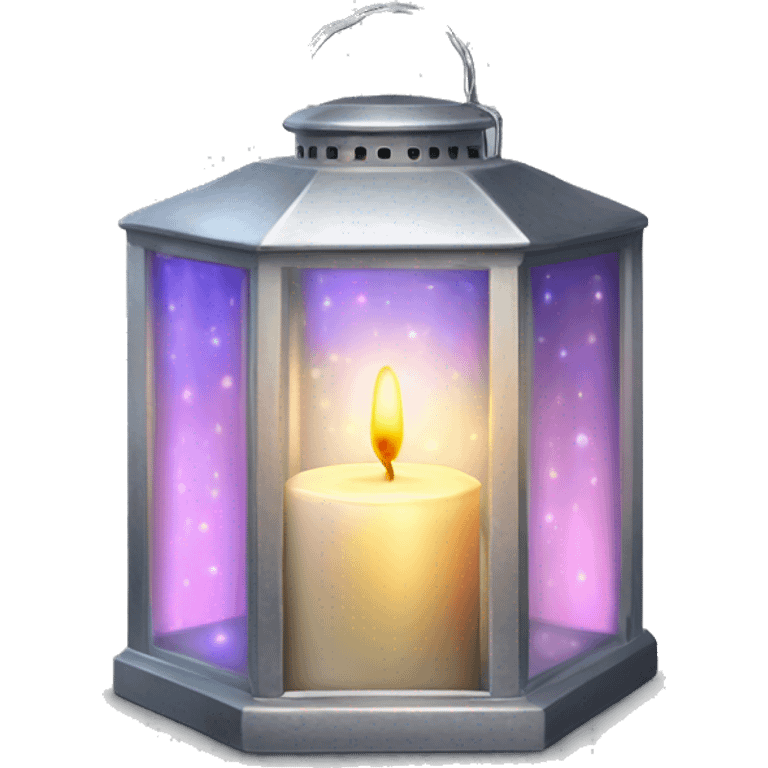 Realistic holographic silver metallic glass  latern with lit candle inside. emoji